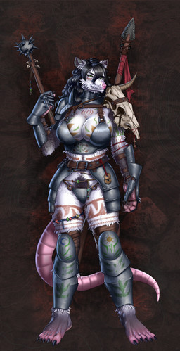 5_toes anthro armor barefoot belt big_breasts bikini_plate bone breasts claws cleavage clothed clothing feet female fur gauntlets gloves green_eyes hair handwear long_hair markings melee_weapon morning_star_(weapon) painted_fur plantigrade polearm pubes skull solo spear tail toe_claws toes tribal tribal_markings weapon white_body white_fur anonymous_artist venny_nykopp american_opossum mammal marsupial virginia_opossum absurd_res hi_res