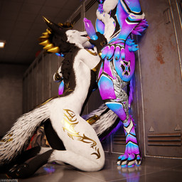 animal_genitalia animal_penis anthro anthro_on_anthro balls biped black_body black_fur blue_body blue_fur bodily_fluids canine_genitalia canine_penis claws clothing cum cum_drip cum_dripping_from_penis cum_on_penis depth_of_field dominant dripping duo erection fur genital_fluids genitals golden_body grey_body grey_fur hair hand_on_penis inside kneeling kneeling_on_ground kneeling_oral_position knot leaking leaking_cum leaking_precum leaning_on_wall legwear licking locker_room male multicolored_body nude on_ground open_mouth oral orgasm paws penile penis penis_grab penis_lick pink_body pink_fur precum reflection sex size_difference slim slim_anthro slim_male slim_sub smile standing submissive submissive_male tail teasing tongue tongue_out white_body white_fur yellow_body yellow_fur dragonplayer godistheduck lupicane canid canine canis fox mammal rexouium 1:1 3d_(artwork) 4k absurd_res blender_(artwork) blender_cycles_(artwork) digital_media_(artwork) hi_res