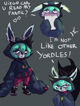 annoyed black_nose blush bottomwear cleft_lip clothing dark_eyeliner dialogue ears_down embarrassed exclamation_point fanfiction female footwear furry_ears green_hair grey_background grey_body grey_skin hair half-closed_eyes heart_symbol holding_object holding_paper hood hoodie jewelry long_sleeve_shirt long_sleeves looking_at_viewer narrowed_eyes paper pendant pivoted_ears purple_eyes question_mark shoes shorts shy simple_background solo standing talking_to_another text tired_eyes toeless_footwear toeless_shoes topwear moony_moonzzi league_of_legends riot_games tencent shadow_(lol) vex_(lol) humanoid mammal yordle english_text hi_res