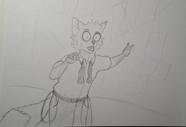 anthro clothing conspiracy_board explanation fluffy fluffy_tail gesture hair hand_gesture loose_tie male mane mane_hair pointing shirt solo suspenders tail topwear wide_eyed patchwork_weasel it's_always_sunny_in_philadelphia canid canine fox mammal red_fox true_fox