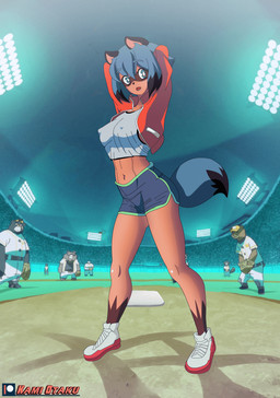 anthro baseball_glove blue_body blue_eyes blue_fur blue_hair bottomwear brown_body brown_fur clothed clothing dolphin_shorts facial_markings female fluffy fluffy_tail footwear fur group hair hat head_markings headgear headwear jacket looking_at_viewer male markings mask_(marking) midriff multicolored_body multicolored_fur multicolored_hair navel nipple_outline shoes short_hair shorts stadium tail topwear kami_otaku brand_new_animal studio_trigger michiru_kagemori canid canine mammal raccoon_dog tanuki alternate_version_at_source digital_media_(artwork) hi_res