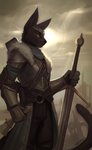 anthro armor biped black_body black_fur black_nose clothed clothing fur holding_melee_weapon holding_object holding_sword holding_weapon male melee_weapon pose ruins solo standing sword text weapon yellow_eyes itswolven dark_souls fromsoftware keiko_(keikothecat) domestic_cat felid feline felis mammal 2020 english_text hi_res portrait signature three-quarter_portrait