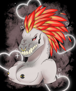 anthro areola barbell_piercing biped black_nipples breasts eyelashes facial_piercing feather_hair feathers female freckled_breasts freckled_chest freckled_face freckles glistening_eyelids heart_symbol long_eyelashes nipple_piercing nipples non-mammal_breasts non-mammal_nipples nose_piercing nose_ring piercing pseudo_hair red_body red_eyes red_feathers ring_piercing sharp_teeth solo teeth white_body rainbow_dawn halo_(series) microsoft xbox_game_studios zir-zen alien ibie'shan kig-yar scalie colored digital_media_(artwork) half-length_portrait hi_res portrait