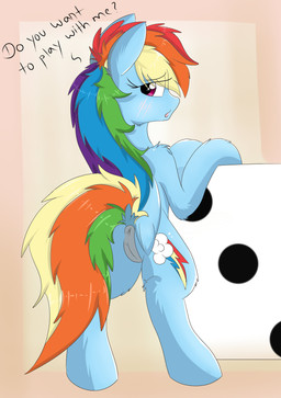 anus blue_body blue_feathers blue_fur blush butt d6 dialogue dice feathered_wings feathers female feral fur genitals hair hooves looking_back multicolored_hair open_mouth pink_eyes presenting presenting_hindquarters simple_background solo text vulva wings meowjacky friendship_is_magic hasbro my_little_pony mythology rainbow_dash_(mlp) equid equine mammal mythological_creature mythological_equine pegasus 2016 absurd_res english_text hi_res