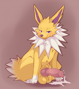 animal_genitalia animal_penis balls bedroom_eyes big_balls big_penis bodily_fluids canine_genitalia canine_penis cum erection feral fur genital_fluids genitals knot knotted_penis looking_at_viewer male mouth_closed narrowed_eyes penis purple_eyes seductive simple_background sitting solo teeth white_body white_fur yellow_body yellow_fur kitorie nintendo pokemon fan_character trace_(leafnoodler) eeveelution generation_1_pokemon jolteon pokemon_(species) absurd_res hi_res