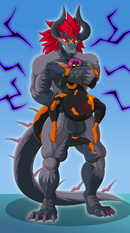 4_toes 5_fingers 5_toes abdominal_bulge abs anthro balls big_balls big_breasts black_body black_nipples breasts carrying_another carrying_partner chokehold dominant dominant_male duo electricity eye_roll eyelashes feet female fingers genitals grey_body grin hair hand_on_arm holding_leg huge_breasts looking_pleasured male male/female markings muscular muscular_male nipples orange_body pink_hair pregnant pregnant_female pregnant_sex red_eyes red_hair sex simple_background smile spiked_tail spikes spikes_(anatomy) standing standing_sex tail tail_around_leg toes yellow_eyes danielssj bushiroad future_card_buddyfight mythology demon_lord_dragon_batzz maxine_(maxdamage_rulz) amphibian dragon fire_salamander mythological_creature mythological_scalie salamander scalie absurd_res hi_res