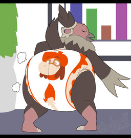 accessory ambiguous_gender anthro beak big_diaper brown_body brown_feathers brown_tail butt butt_focus clean_diaper clothed clothing cloud_emanata diaper diaper_only diaper_puff diaper_transformation duo emanata eyes_closed feather_hair feathers feet floor gloves_(marking) grey_beak grey_body grey_feathers grey_talons hair_accessory heart_symbol inside leg_markings markings multicolored_body multicolored_feathers open_beak open_mouth open_smile pink_body plant plant_pot potted_plant presenting presenting_hindquarters pseudo_hair rear_view smile socks_(marking) standing tail tail_feathers talons text toes topless wall_(structure) wearing_diaper wetness_indicator shadyadi nintendo pokemon carrie_(screweverything) meek_(wiprogress) animate_inanimate diaper_creature generation_2_pokemon generation_5_pokemon pokemon_(species) smeargle vullaby 2024 artist_name full-length_portrait hi_res letterbox portrait signature nonbinary_(lore)