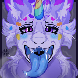 ahegao anthro aroused female fur hair horn liquid looking_pleasured mouth_shot multicolored_body multicolored_fur open_mouth purple_body purple_eyes purple_fur solo symmetry tongue tongue_out airymiller mythology dragon mythological_creature mythological_scalie scalie bust_portrait hi_res icon portrait