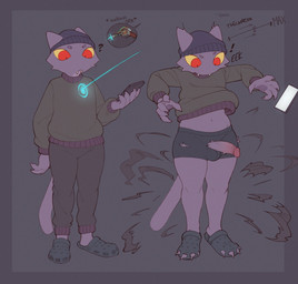 4_toes 5_fingers anthro beanie belly biped black_beanie black_bottomwear black_clothing black_footwear black_hat black_headwear black_pants black_shoes black_underwear body_transformation border bottomwear butt cheek_tuft claws clothed clothing confusion curvy_figure cute_fangs electronics facial_tuft fangs feet fingers footwear front_view fully_clothed fur furgonomic_headwear furgonomics gameplay_mechanics genitals glans grey_background grey_border grey_clothing grey_sweater grey_topwear hat headgear headwear holding_object holding_phone humanoid_genitalia humanoid_penis long_tail male monotone_body monotone_fur nails navel open_mouth pants pawpads penis penis_through_underwear phone pupils purple_body purple_claws purple_fur purple_pawpads purple_tail question_mark ranged_weapon red_eyes shirt shocked shoes simple_background slightly_chubby slightly_chubby_anthro slightly_chubby_male slit_pupils solo standing sweater tail teeth thick_thighs toenails toes tool_gun topwear torn_clothing torn_underwear transformation tuft underwear weapon weight_gain yellow_sclera k1ko crocs garry's_mod k1ko_(character) domestic_cat felid feline felis mammal 2026 colored digital_drawing_(artwork) digital_media_(artwork) flat_colors hi_res sequence