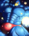 abs anthro blue_body bulge clothing flexing giga macro male muscular muscular_male pecs planet planet_dwarfing red_clothing red_speedo red_swimwear solo space speedo star swimwear terra_macro bigwoofgeo geodani nintendo star_fox falco_lombardi avian bird 4:5 absurd_res hi_res