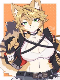 anthro belt big_breasts blonde_hair bottomwear breasts choker clothing crop_top denim denim_bottomwear denim_clothing denim_shorts eyebrows eyelashes female fingerless_gloves fur gloves green_eyes hair handwear inner_ear_fluff jacket jewelry midriff navel neck_tuft necklace shirt shorts solo topwear tuft white_body white_fur wide_hips yellow_body yellow_fur mortarmoth mihoyo zenless_zone_zero pulchra_fellini felid feline felis mammal thiren 2025 3:4 hi_res