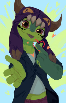 abstract_background ambiguous_gender anthro blep blue_clothing blue_topwear bottomwear brown_eyes brown_horn closed_smile clothed clothing front_view glistening glistening_eyes green_body hat headgear headwear heart_symbol horn looking_at_viewer mouth_closed pants purple_clothing purple_hat purple_headwear red_bottomwear red_clothing red_pants smile solo standing tongue tongue_out topwear unsigned corzh77 species_request absurd_res half-length_portrait hi_res portrait