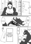 abs anthro biceps big_muscles black_and_white black_body black_fur canid canine canis clothing comic cotton_(artist) dialogue domestic_dog english_text fur greyscale male mammal monochrome muscular muscular_male natsume_(tooboe_bookmark) text tooboe_bookmark tuft