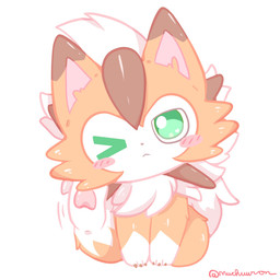 ambiguous_gender blush chibi claws fur hair one_eye_closed orange_body orange_fur pink_inner_ear scratching sitting solo spikes tuft white_body white_fur white_hair muchuuron nintendo pokemon dusk_lycanroc generation_7_pokemon lycanroc pokemon_(species) 1:1 hi_res