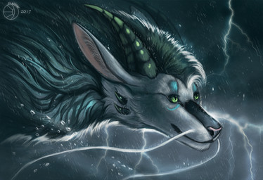 ambiguous_gender black_body black_fur black_lips black_mane black_markings blue_markings detailed_background detailed_fur ears_back electricity feral fluffy flying fur green_eyes horn inner_ear_fluff lightning lips long_ears long_mouth long_neck looking_up mane markings no_sclera outside pink_nose pivoted_ears pupils raining ridged_horn side_view slit_pupils smile snout solo spikes storm tuft water_drop whiskers wind flashw asian_mythology east_asian_mythology mythology dragon eastern_dragon mammal mythological_creature mythological_scalie scalie 2017 bust_portrait detailed digital_media_(artwork) hi_res portrait