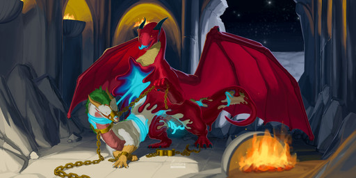 absorption_vore belly bound chain chained digitigrade dungeon duo feral fur genitals glowing green_hair hair horn liquid liquid_body male male/male membrane_(anatomy) membranous_wings on_hind_legs penis pink_belly quadruped red_body red_scales restrained restraints scales tail tentacles ventral_scales vore white_body white_fur wings wrapping wraps ericherilan mythology haku2542343816 herilan dragon eastern_dragon mythological_creature mythological_scalie scalie 2:1 absurd_res hi_res