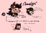 arrow_sign collar fangs fur hair long_hair male multicolored_body multicolored_fur multiple_drawings redesign redesigned smile solo spiked_collar spikes teeth text yellow_eyes astralghostoooo azalyn_hyena hyena mammal striped_hyena english_text hi_res model_sheet