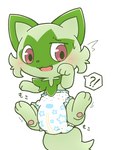 ambiguous_gender blush clothing diaper embarrassed exclamation_point feral lying on_back pawpads paws question_mark solo rokesys nintendo pokemon generation_9_pokemon pokemon_(species) sprigatito 3:4 hi_res