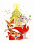 anthro brown_eyes christmas_tree clothing costume dress female frown fur gift green_eyes group holding_object holidays looking_at_viewer lying male on_front plant purple_eyes raised_arm santa_costume simple_background size_difference smile standing tree white_background weketa christmas disney zootopia finnick_(zootopia) judy_hopps nick_wilde canid canine fennec_fox fox lagomorph leporid mammal rabbit red_fox true_fox 2016