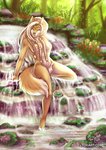 anthro breasts female hair nature nude pose skinny_dipping solo text water waterfall toxi_de_vyne_(artist) freya_(tanrowolf) canid canine canis mammal wolf hi_res pinup url