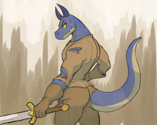 2_horns anthro blood blue_body bodily_fluids bottomwear brown_eyes clothing furgonomic_bottomwear furgonomics gloves handwear head_horn holding_melee_weapon holding_object holding_sword holding_weapon horn male melee_weapon pants serious shirt side_view solo sweat sword tail topwear torn_clothing torn_shirt torn_topwear weapon wounded yellow_sclera 60percentscalie mythology koba_(60percentscalie) dragon mythological_creature mythological_scalie scalie wingless_dragon digital_media_(artwork) portrait three-quarter_portrait