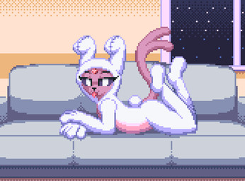anthro anthrofied black_nose clothed clothing costume eyebrows female forehead_gem forked_tail furniture gem inside kigurumi looking_at_viewer lying night on_front onesie pokemorph purple_body purple_sclera purple_tail smile sofa solo tail tongue tongue_out unusual_anatomy unusual_tail wall_(structure) white_eyes window zeka10000 nintendo pokemon eeveelution espeon generation_2_pokemon pokemon_(species) digital_media_(artwork) low_res pixel_(artwork)