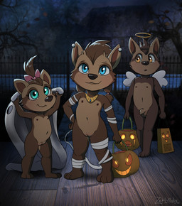 anthro balls blush casual_nudity clothing collar cosplay costume feathered_wings feathers female flaccid flat_chested food foreskin fruit fur genitals group hair holidays humanoid_genitalia humanoid_penis innie_vulva jack-o'-lantern loli looking_at_viewer male mummy_costume mummy_wrappings night nipples nude penis piercing plant pumpkin qr_code shota small_penis smile standing trick-or-treating trio vulva wardrobe_malfunction wings young young_anthro young_female young_male zeklullaby halloween hotel_transylvania mythology sunny_werewolf willie_werewolf winnie_werewolf_(hotel_transylvania) canid canine canis ghost mammal mythological_canine mythological_creature spirit werecanid werecanine werecreature werewolf wolf 2022 3d_(artwork) digital_media_(artwork) hi_res mixed_media photo_manipulation