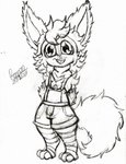 anthro big_eyes clothing fluffy fluffy_tail kerchief legwear male neck_tuft overalls solo tail thigh_highs tuft coelhoposa_(artist) romeo_(coelhoposa) canid canine fennec_fox fox hybrid lagomorph leporid mammal rabbit true_fox absurd_res hi_res