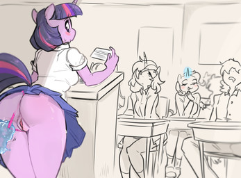 ambiguous_gender anthro assisted_exposure bent_over blush bodily_fluids bottomwear breasts butt classroom clothed clothing clothing_aside desk female footwear furniture genitals group hair horn legwear looking_back magic panties panties_aside purple_hair school shirt shoes sitting skirt socks standing sweat table topwear underwear underwear_aside vulva glacierclear friendship_is_magic hasbro my_little_pony mythology trixie_(mlp) twilight_sparkle_(mlp) earth_pony equid equine horse mammal mythological_creature mythological_equine pony unicorn digital_media_(artwork) hi_res shaded