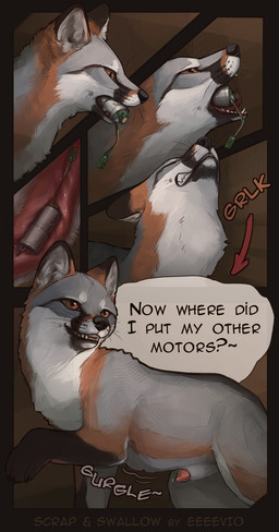 abdominal_bulge animal_genitalia animal_penis bodily_fluids canine_genitalia canine_penis claws cutaway dialogue electronics feral feral_pred fur genital_fluids genitals grey_body grey_fur in_mouth internal knot knotted_penis male male_pred narration neck_bulge object_vore on_tongue onomatopoeia open_mouth oral_vore paws penile penis precum quadruped sheath sound_effects speech_bubble text throat tongue vore whisker_spots whiskers wire x-ray_view eeeevio mjok canid canine fox grey_fox mammal rodent sciurid urocyon comic digital_media_(artwork) digital_painting_(artwork) english_text hi_res painting_(artwork) shaded story