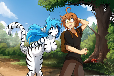 alternate_species anthro backpack big_breasts biped black_stripes blue_hair blush bottomwear breasts canon_couple casual_nudity clothed clothed_human clothed_male clothing crossgender duo featureless_breasts female fingers ftm_crossgender fully_clothed fully_clothed_human fully_clothed_male fur furrification hair hanging_breasts humanized leaning leaning_forward male markings mtf_crossgender navel nude nude_anthro nude_female outside public public_nudity striped_body striped_fur striped_markings striped_tail stripes tail tail_markings teeth text tongue topwear white_body white_fur white_tail conditional_dnp narikusha tom_fischbach twokinds flora_(twokinds) trace_legacy felid human keidran mammal pantherine tiger 2026 digital_drawing_(artwork) digital_media_(artwork) english_text hi_res traced url