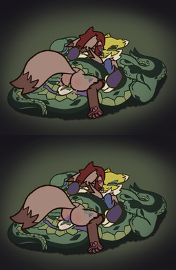 anthro apode balls blush bodily_fluids corruption cum female genital_fluids genitals group intersex legless lying lying_on_another on_back on_front paws penetration penis serpentine sex split_form tail tongue tongue_out trio trapknight bandai_namco digimon digimon_(species) draconcopode lamia renamon reptile scalie snake absurd_res hi_res
