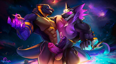 anthro balls duo eyewear genitals humanoid_genitalia humanoid_penis macro male male/male muscular penis planet_dwarfing purple_body purple_scales scales snake_hood space boopa reptile scalie snake hi_res