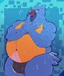 belly_overhang blush bulge clothing looking_at_viewer male one_eye_closed overweight overweight_male underwear wet wet_body wink winking_at_viewer fatezo neptune_mereaux avian bird bluebird eastern_bluebird oscine passerine thrush_(bird) absurd_res hi_res