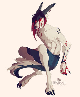 abs anthro blood bodily_fluids clothed clothing ear_piercing hair looking_at_viewer male piercing solo teaksamin canid canine mammal digital_media_(artwork) hi_res shaded source_request unavailable_at_source
