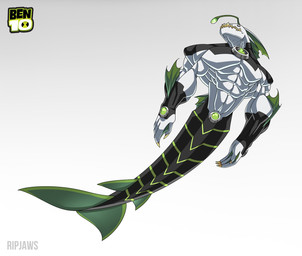 abs anthro biceps fin fin_frill forearm_muscles frill_(anatomy) green_membrane grey_body legless lure_(anatomy) male membrane_(anatomy) muscular muscular_anthro muscular_male pecs simple_background solo split_form teeth webbed_hands white_background wolfiecanem ben_10 cartoon_network ripjaws alien aquatic merfolk piscciss_volann 2012 colored