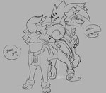 ambiguous_gender anthro bodily_fluids duo female feral genital_fluids good_girl smile tail tail_motion tailwag bloowolfy nintendo pokemon aries_(bloowolfy) canid canine generation_2_pokemon generation_7_pokemon houndoom lycanroc mammal midnight_lycanroc pokemon_(species) greyscale monochrome