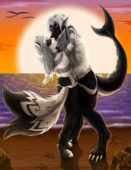 2_tails 4_toes anthro arena barefoot beach black_body black_fur black_markings black_scales claws detailed_background duo eyes_closed feet footprint fur grey_hair hair kissing long_hair male male/male markings multi_tail multicolored_body multicolored_fur multicolored_scales outside pawprint sand scales seaside spikes standing sunset tail tall toe_claws toes two_tone_body two_tone_fur two_tone_scales white_body white_fur white_hair white_scales vannister-nicodemus zonuche mythology dreigon_dragark zony_foxttercoon angel aquatic canid canine demon dragon fish fox hybrid mammal mustelid mythological_creature mythological_scalie otter procyonid raccoon scalie shark tiburon 2015 absurd_res digital_media_(artwork) hi_res watermark