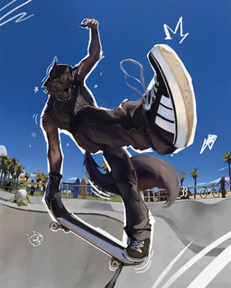 anthro bicycle biped black_body black_bottomwear black_clothing black_footwear black_fur black_pants black_shoes blue_sky bottomwear car clear_sky clothing cloud fingerless_gloves footwear front_view fur gloves group hair handwear looking_at_viewer low-angle_view male male_anthro outside pants plant shoelaces shoes skate_park skateboard skateboard_trick skateboarding sky solo_focus striped_body striped_fur stripes surfboard tail teeth text text_on_clothing text_on_topwear topwear tree vehicle edhit canid canine canis mammal wolf 4:5 absurd_res digital_media_(artwork) full-length_portrait hi_res portrait shaded