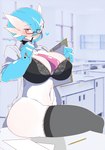 big_breasts blue_hair blush bra breasts clothing eyewear female glasses hair legwear not_furry solo thigh_highs underwear opqhlak nintendo pokemon dr._voir gardevoir generation_3_pokemon pokemon_(species) shiny_pokemon hi_res