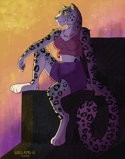 anthro bottomwear clothed clothed_anthro clothed_female clothing digitigrade ear_piercing ear_ring fantasy female fur grey_body grey_fur markings paws piercing ring_piercing shirt shorts simple_background sitting spots spotted_markings sunset tank_top topwear yellow_eyes hallamo-h felid mammal pantherine snow_leopard digital_media_(artwork) hi_res