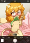 anthro areola bed biped blush blush_lines breasts camera_view clothed clothing clothing_lift dipstick_tail eyebrows eyewear female furniture gesture glasses gloves_(marking) green_eyes green_markings hair hand_gesture holding_viewer kneeling kneeling_on_bed leg_markings long_hair looking_at_viewer markings mouth_hold navel nipples on_bed one_eye_closed orange_hair panties partially_clothed pawpads pink_clothing pink_nose pink_panties pink_underwear presenting presenting_breasts round_glasses selfie shirt shirt_lift small_breasts socks_(marking) solo tail tail_markings tan_body topwear underwear user_interface v_sign wearing_glasses wink winking_at_viewer young young_anthro young_female gi0 domestic_cat felid feline felis mammal 2025 absurd_res hi_res