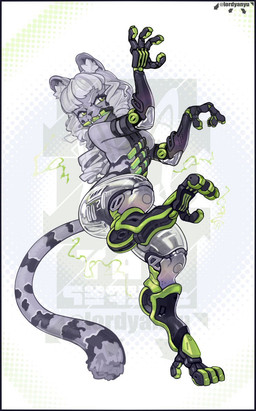 black_nose cybernetic_leg cybernetic_limb cybernetics female feral fur green_eyes grey_body grey_inner_ear grey_inner_ear_fluff grey_spots inner_ear_fluff jumping machine markings solo spots spotted_body spotted_fur tail translucent translucent_body tuft lordyanyu cyborg felid leopard mammal pantherine hi_res
