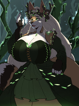 anthro big_breasts black_nose breasts cleavage clothed clothing crown detailed_background dress eyebrow_through_hair eyebrows eyelashes female forest fully_clothed fur green_clothing green_dress green_eyes hair headgear huge_breasts jewelry long_hair multicolored_body multicolored_fur necklace open_mouth open_smile outside plant smile solo tan_body tan_fur thick_thighs tongue translucent translucent_hair tree two_tone_body two_tone_fur white_body white_fur white_hair wide_hips kida_howlette canid canine mammal 2026 absurd_res hi_res