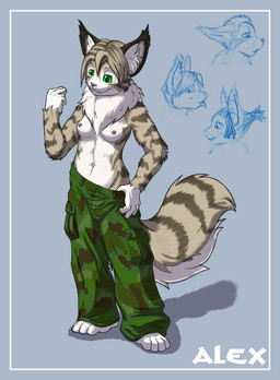 anthro blue_border border bottomwear breasts camo camo_bottomwear camo_clothing camo_pants camo_print clothed clothing female green_eyes nipples pants pattern_bottomwear pattern_clothing pattern_pants solo tail tomboy topless bencoon alex_(bencoon) domestic_cat felid feline felis lynx maine_coon mammal 2010