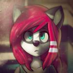 anthro black_nose blue_eyes clothed clothing female fingerprint fur green_clothing green_topwear grey_body grey_fur hair long_hair looking_at_viewer open_mouth pink_hair red_hair solo topwear marblesoda rikki canid canine canis hybrid mammal procyonid raccoon wolf 1:1 2015 bust_portrait digital_media_(artwork) hi_res icon portrait