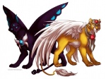 amber_eyes armor black_body black_fur blue_eyes claws duo feathered_wings feathers feral fluffy fluffy_tail fur gem insect_wings lepidopteran_wings male simple_background smile tail white_background wings yellow_body yellow_fur lisannexx cardcaptor_sakura keroberos spinel_sun felid lion mammal pantherine hi_res