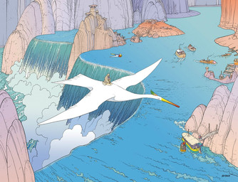 ambiguous_gender boat clothed clothing coat day duo_focus feathers flying fully_clothed future group hat headgear headwear high-angle_view male nude outside spread_wings topwear vehicle water watercraft waterfall white_body white_feathers wings jean_giraud avian bird human mammal hi_res