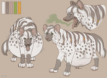 ambiguous_gender belly big_belly burp_cloud burping digitigrade facial_spots feral front_view fur glistening glistening_eyes green_eyes grey_markings grey_tail huge_belly markings mouth_closed notched_ear open_mouth quadruped side_view solo spotted_face spotted_legs striped_back tail tongue tongue_out vore white_body white_fur white_tail roobin hyena mammal hi_res