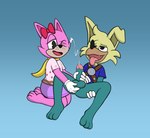 anthro balls bodily_fluids cum duo female fur genital_fluids genitals gradient_background green_body green_fur holding_balls male male/female masturbation penis pink_body pink_fur simple_background toony yellow_body yellow_fur sherwind52 toontown_corporate_clash toontown_online pancake_(toontown) scout_(toontown) canid canine domestic_cat felid feline felis fox mammal